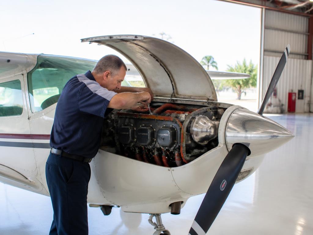 A&P mechanic inspecting a piston aircraft engine in a South Florida hangar
